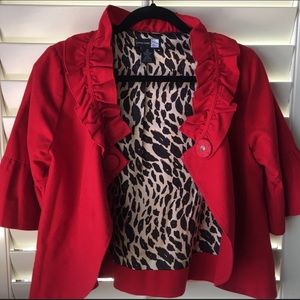 Crimson red cropped jacket lined in  animal print